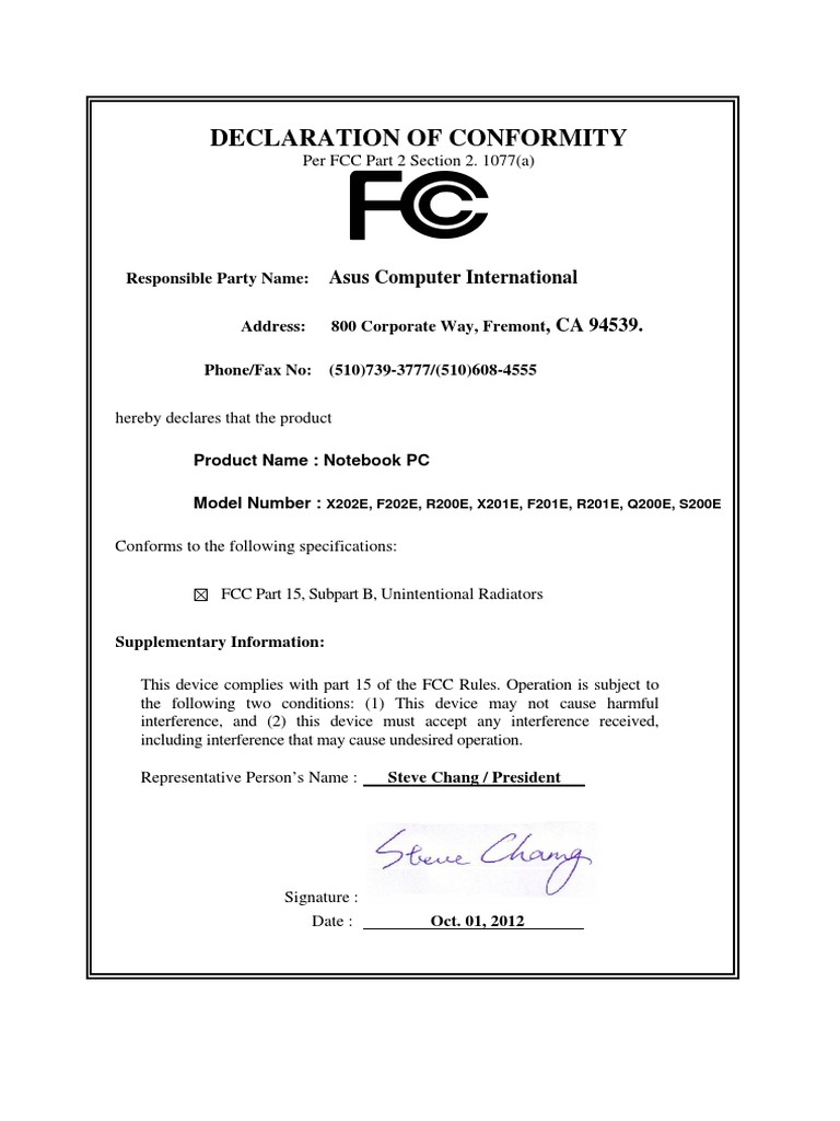 Asus Notebook PC FCC Compliance Declaration | PDF