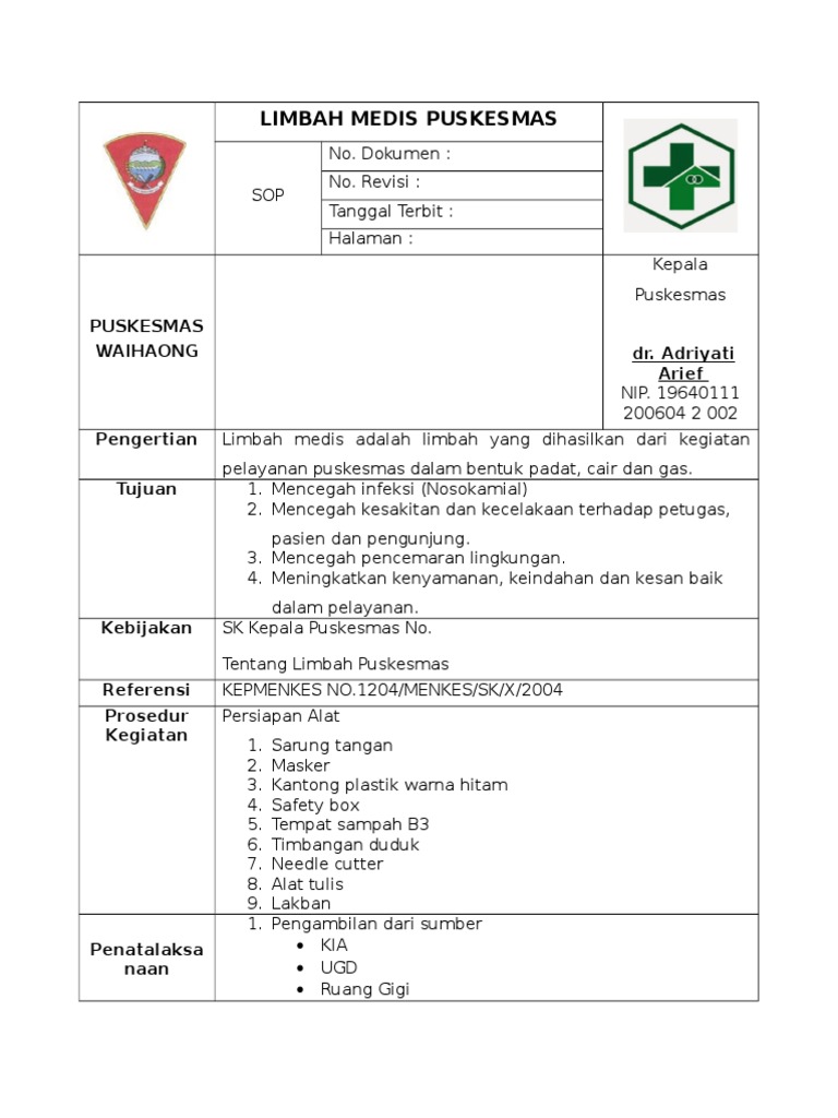 Sop Limbah Medis Puskesmas