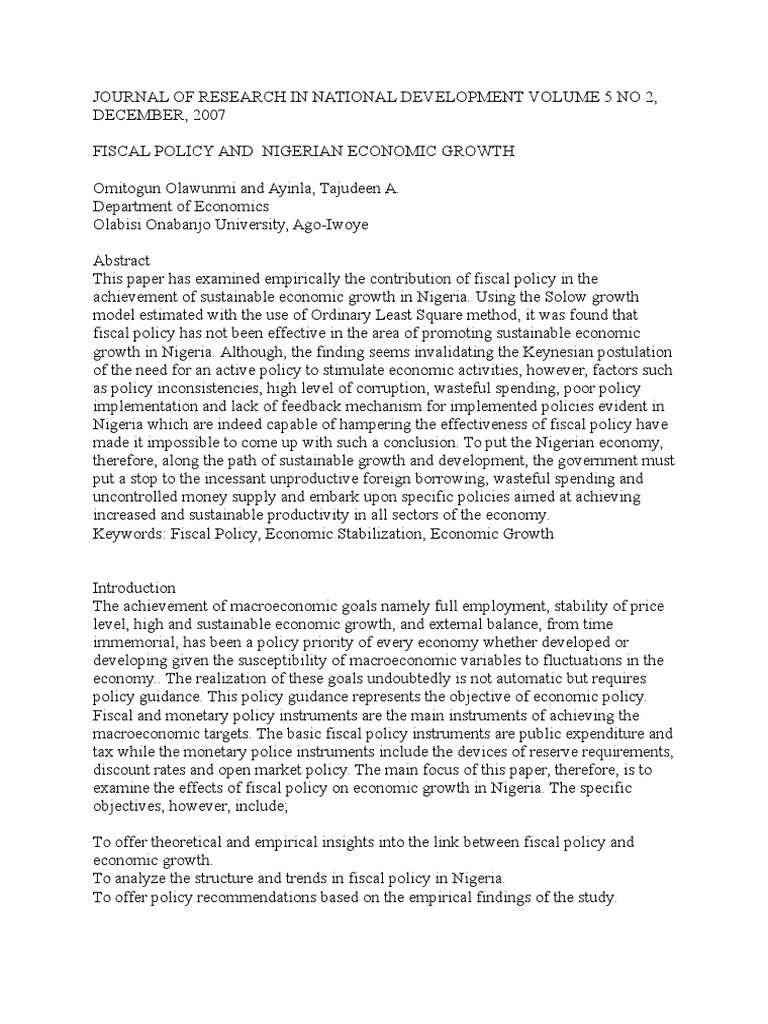 Impact of Fiscal Policy On Economic Growth in Nigeria | PDF | Fiscal ...