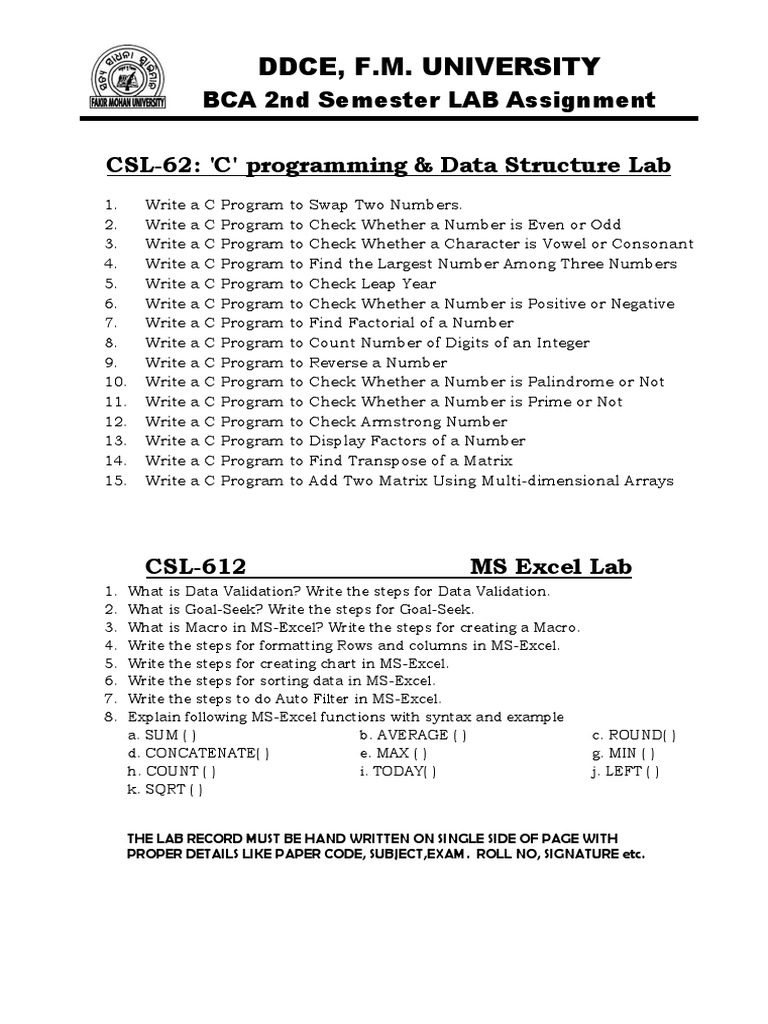BCA 2nd Semester LAB Assignment Instructions for C Programming, Data ...