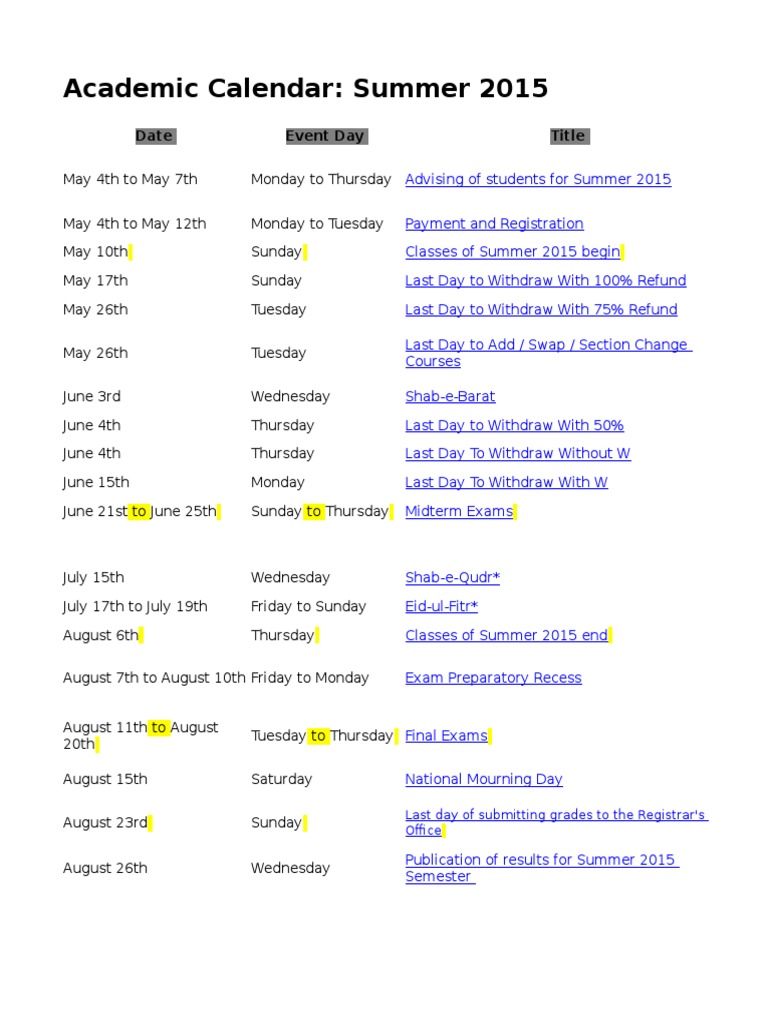 Academic Calendar Summer 15 PDF