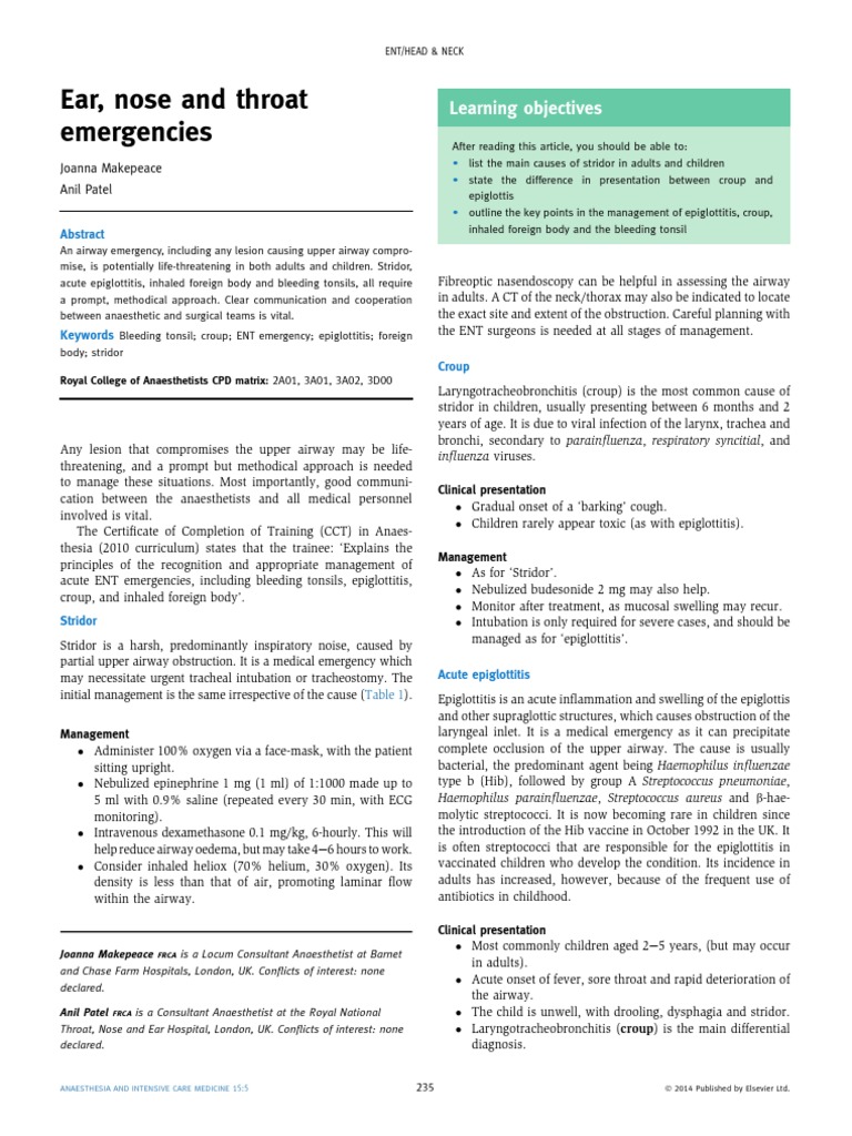 Ear, Nose and Throat Emergencies PDF Respiratory System Health