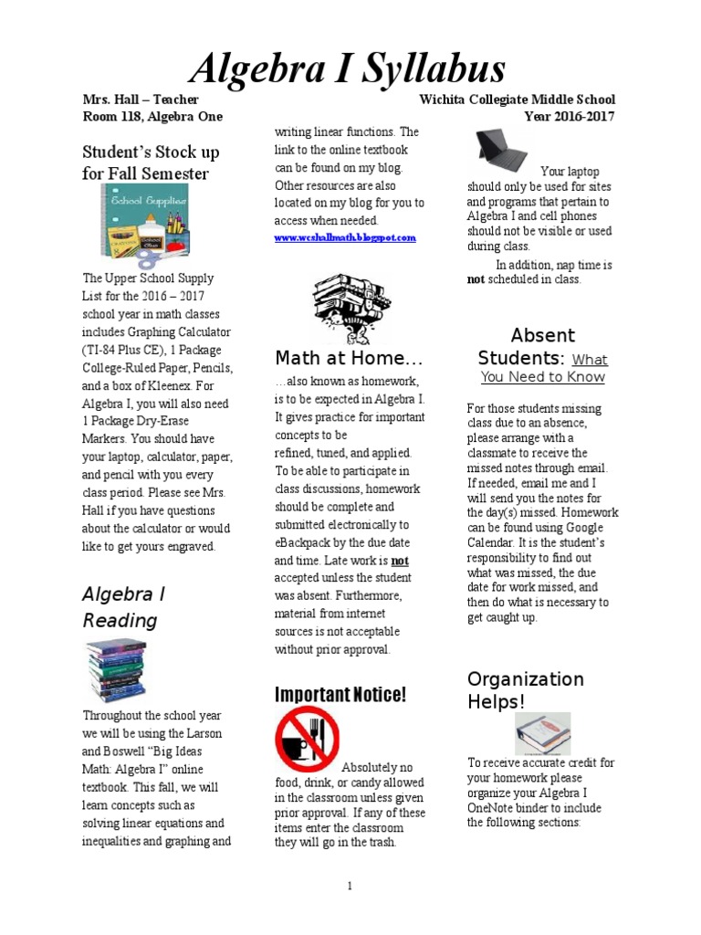 Syllabus Algebra I 20162017 PDF Algebra Homework