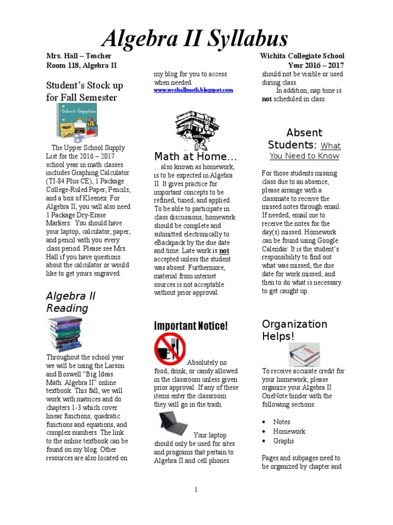 Syllabus Algebra II 2016 2017 Algebra Physics & Mathematics