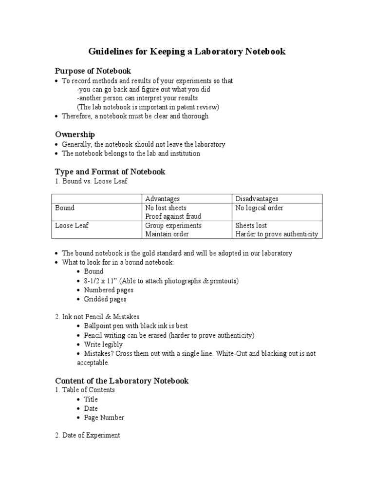 Guidelines For Keeping A Laboratory Notebook | PDF