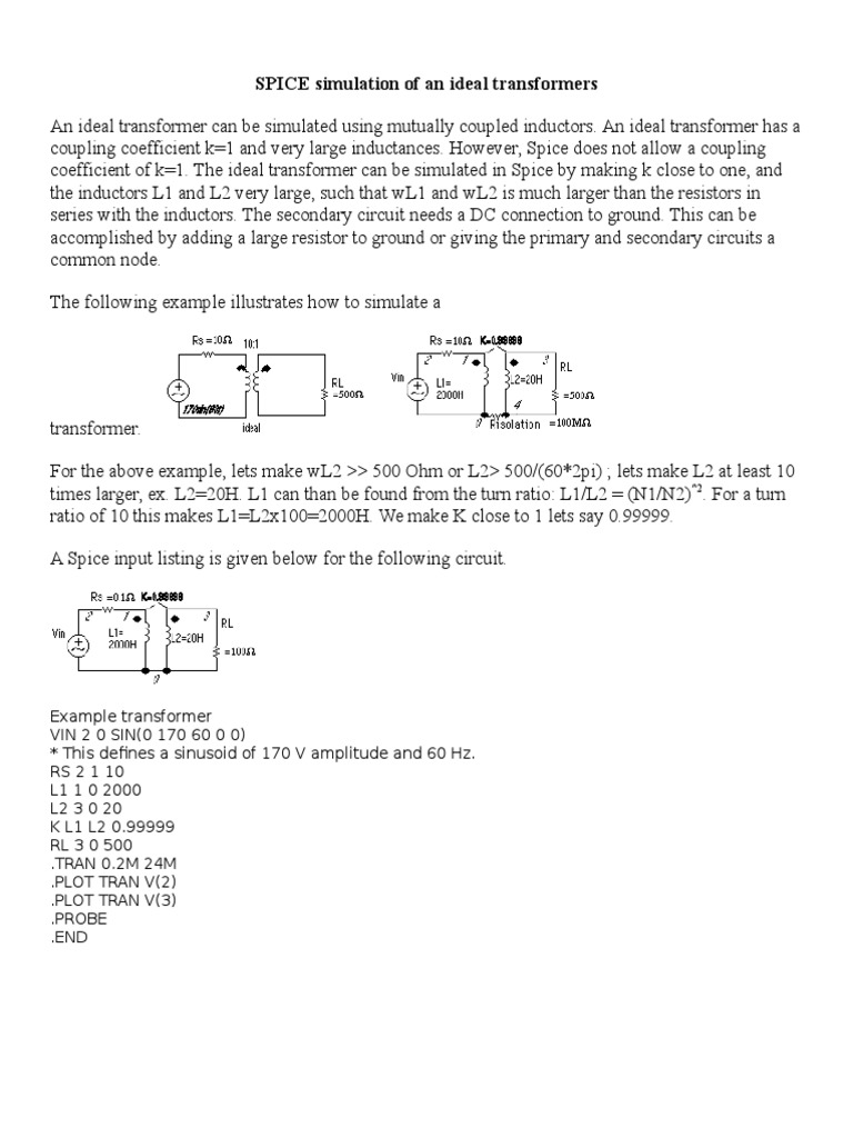 SPICE Simulation of An Ideal Transformers | PDF