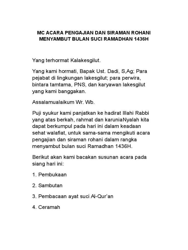 Mc Acara Pengajian Dan Siraman Rohani Menyambut Bulan Suci Ramadhan 1436h