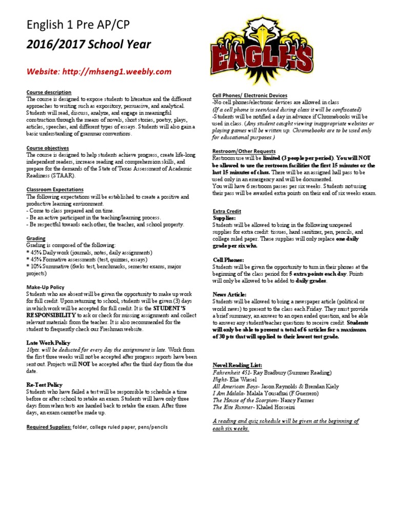 English 1 Syllabusfinal | PDF | Educational Assessment | Educational ...