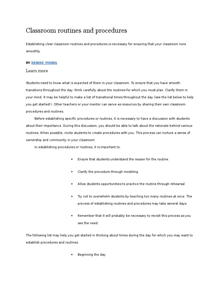 Classroom Routines And Procedures Pdf Educational Assessment