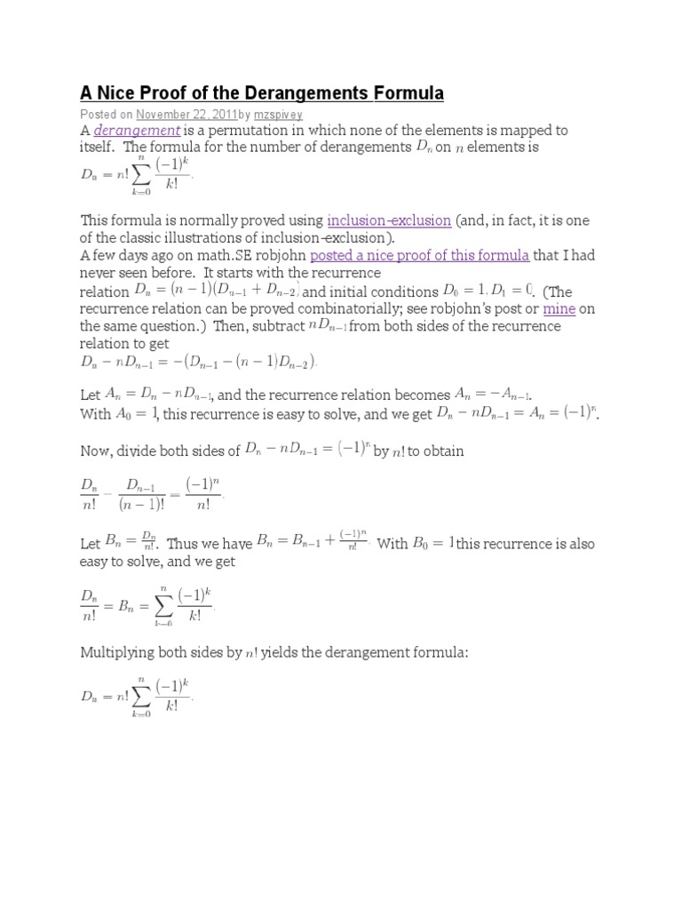 A Nice Proof of The Derangements | PDF | Teaching Methods & Materials