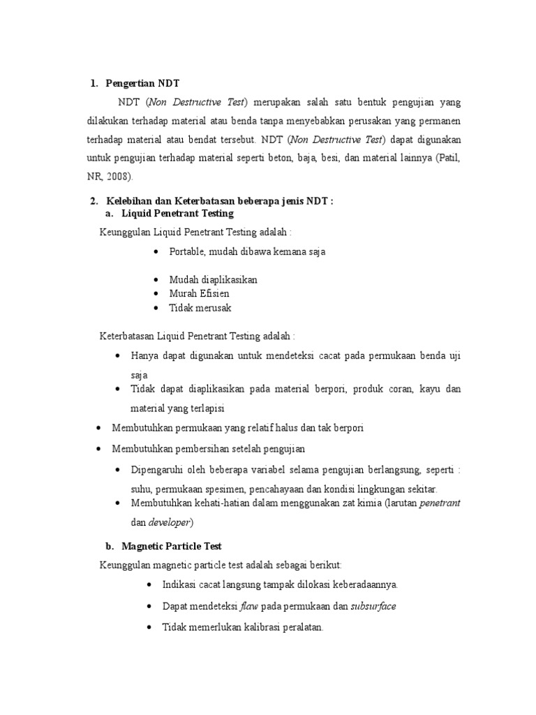 Kelebihan dan Kekurangan Beberapa Jenis NDT Kelebihan dan Kekurangan Beberapa Jenis NDT