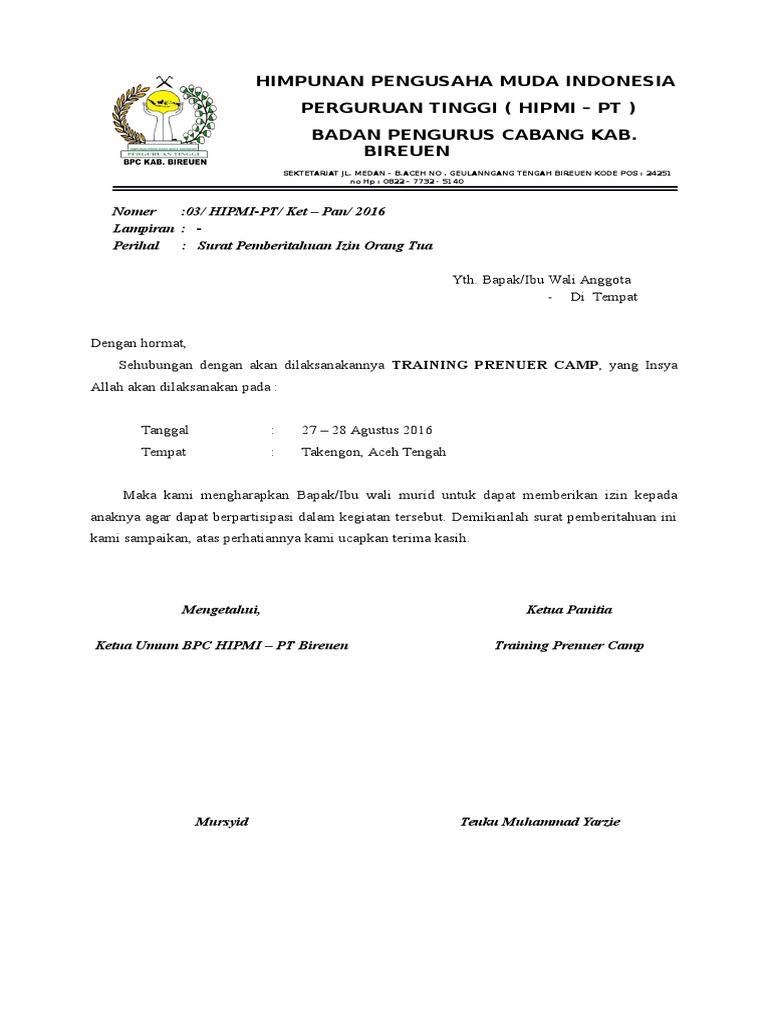 Surat Izin Orang Tua Training Camp Pdf