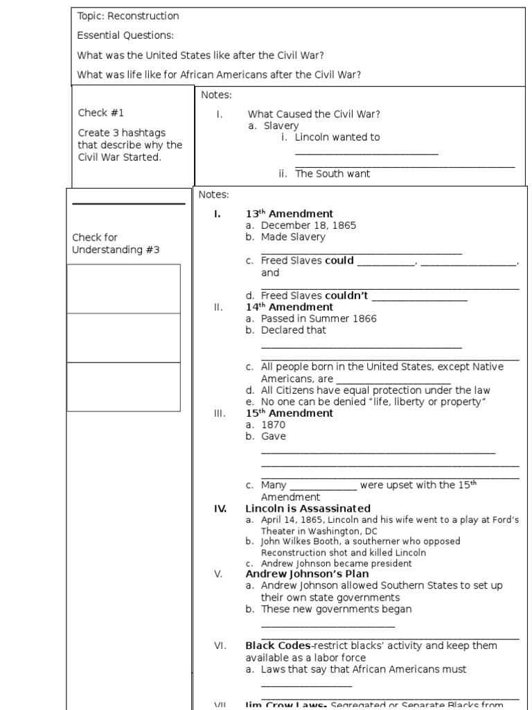 Reconstruction Cornell Notes | PDF