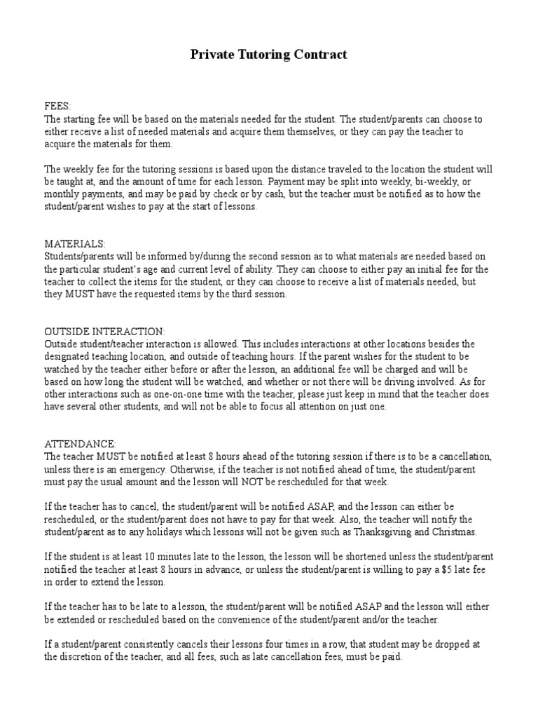 Private Tutoring Contract Agreement | PDF | Tutor | Fee