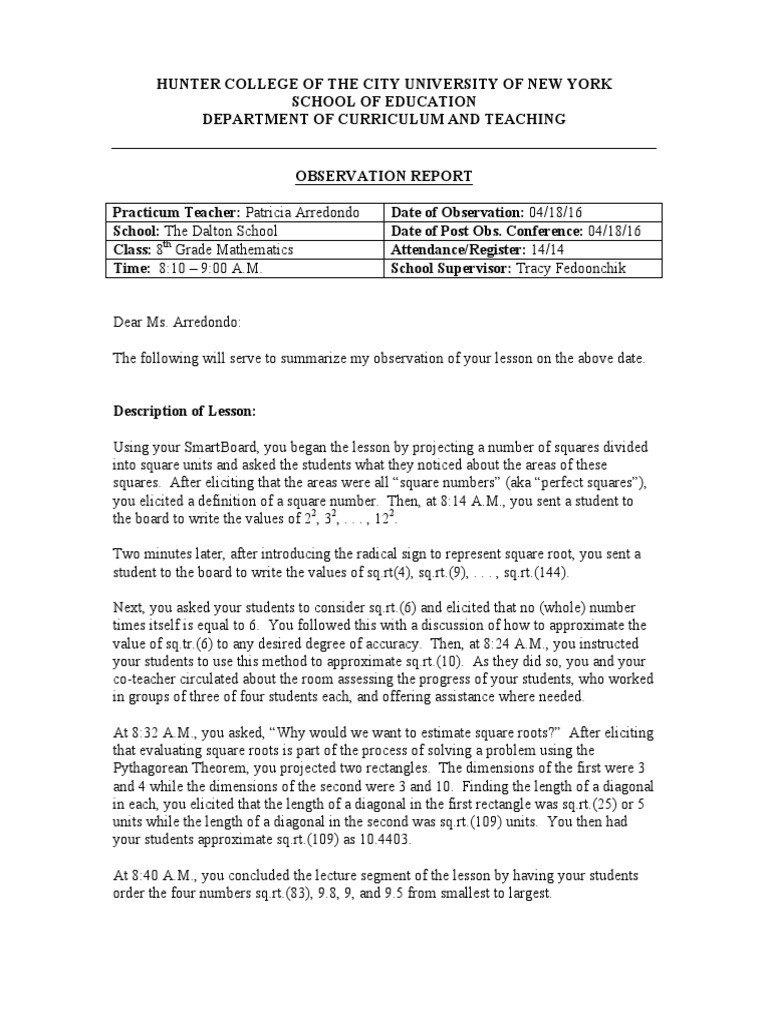 8th Grade Math Lesson Observation Report | PDF | Homework | Educational ...