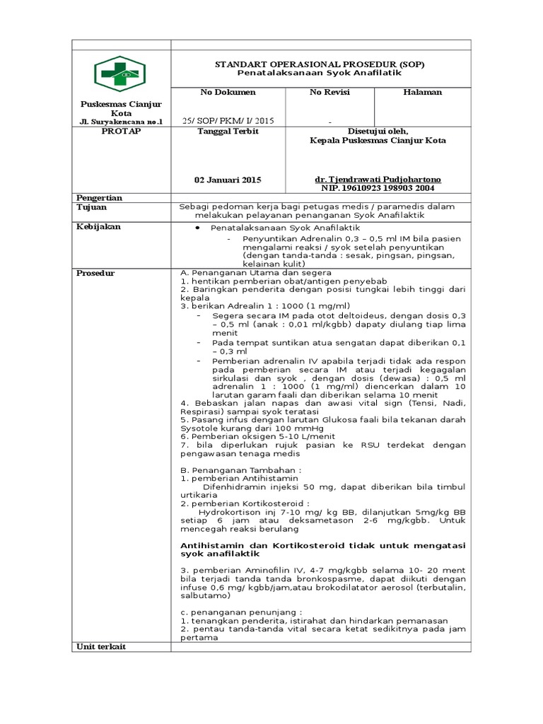 Sop Penatalaksanaan Syok Anafilatik