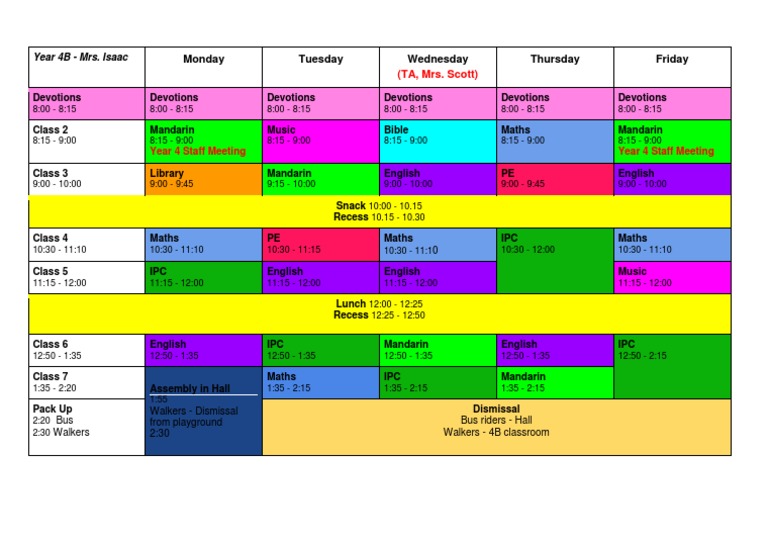 Year 4B Weekly Schedule Overview | PDF | Language Arts & Discipline