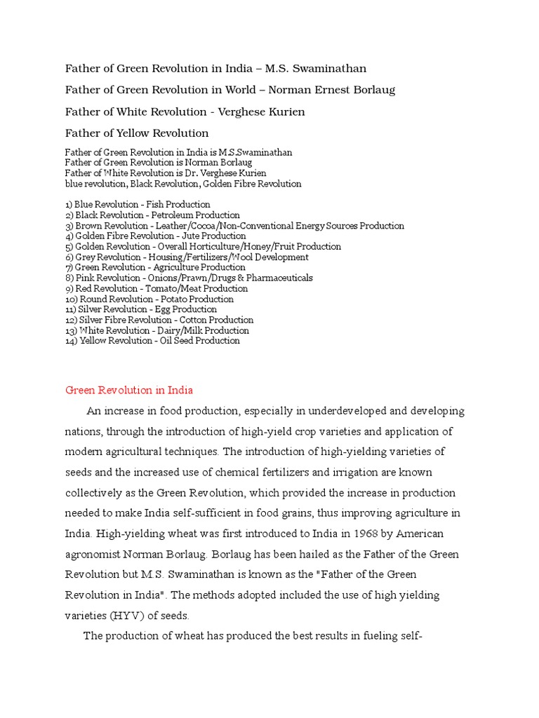 Key Figures in India's Agricultural Revolutions | PDF | Green ...