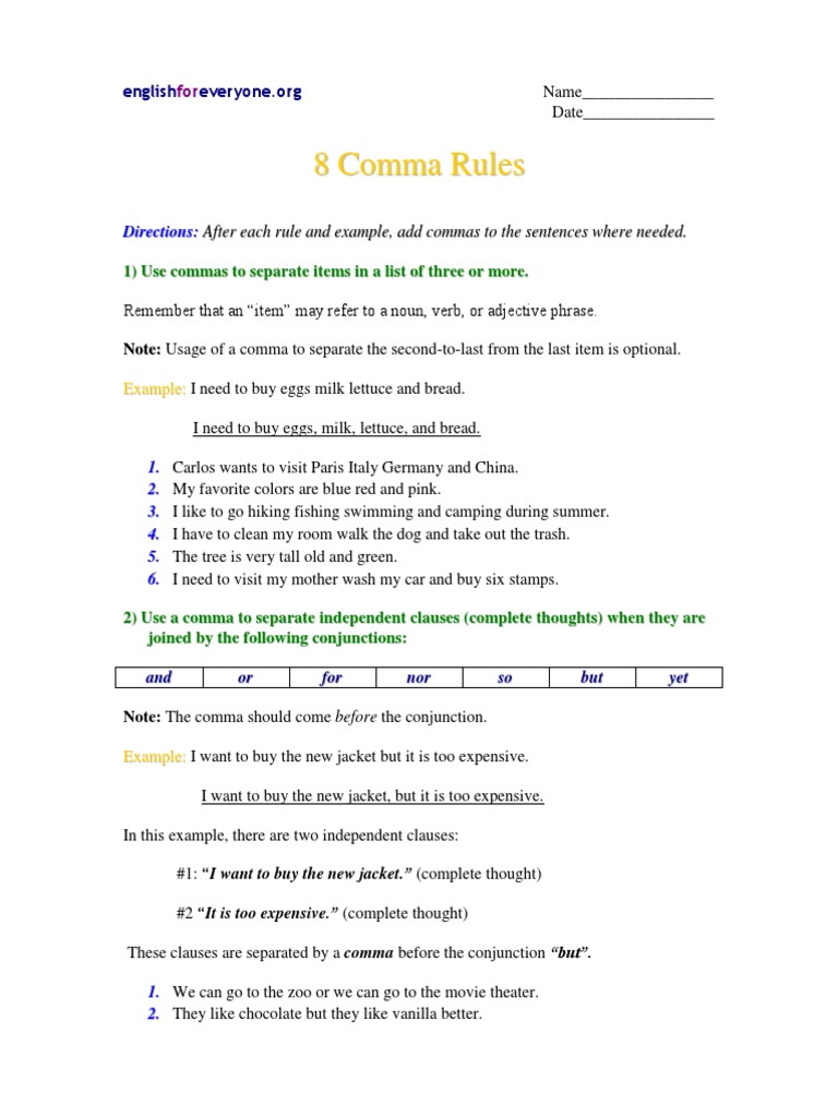 8 comma rules day 9 10 | Comma | Sentence (Linguistics)