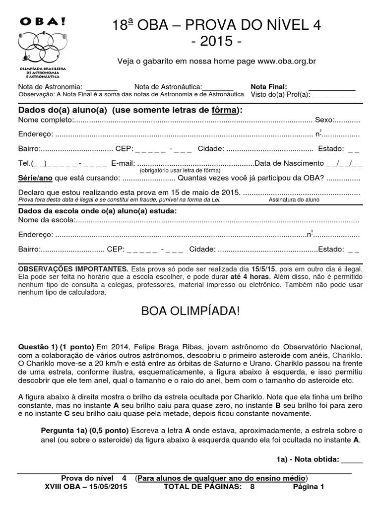 Prova OBA Nível 4 - 2015 | PDF | Satélite | Lua