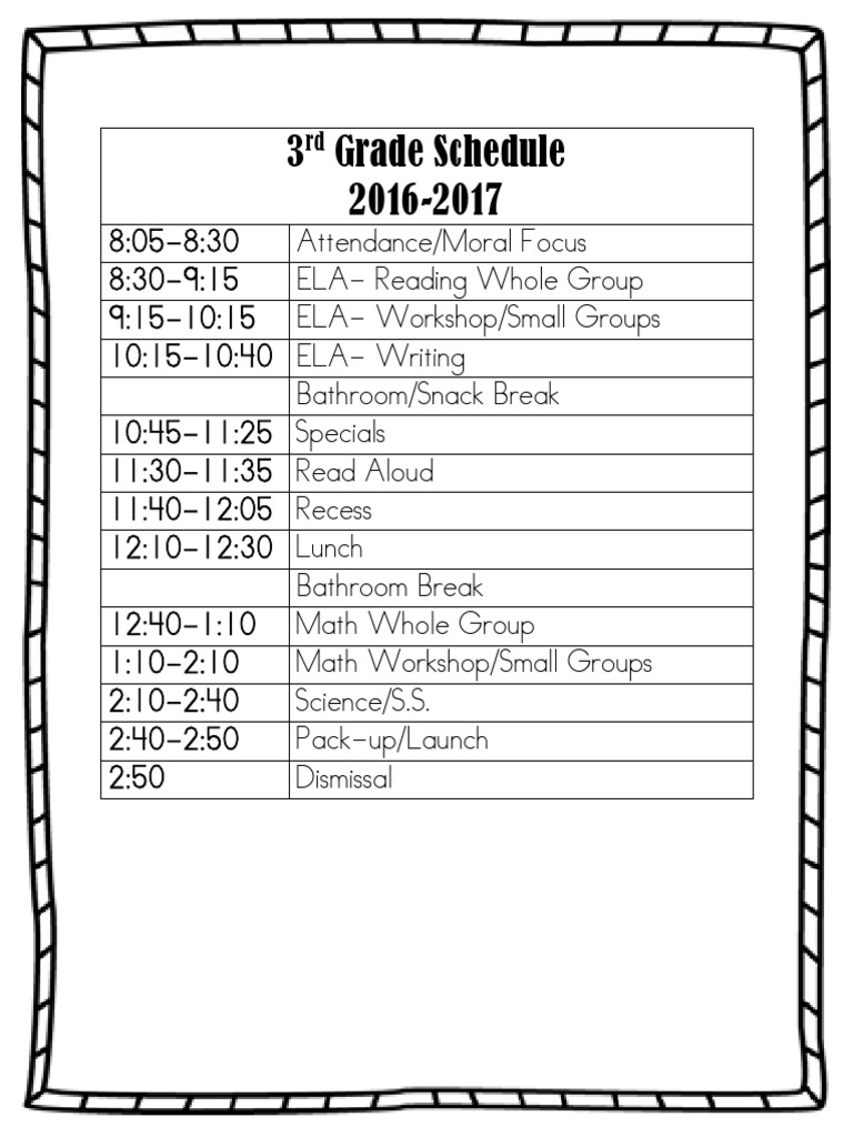 3rd Grade 2016-2017 Daily Schedule | PDF