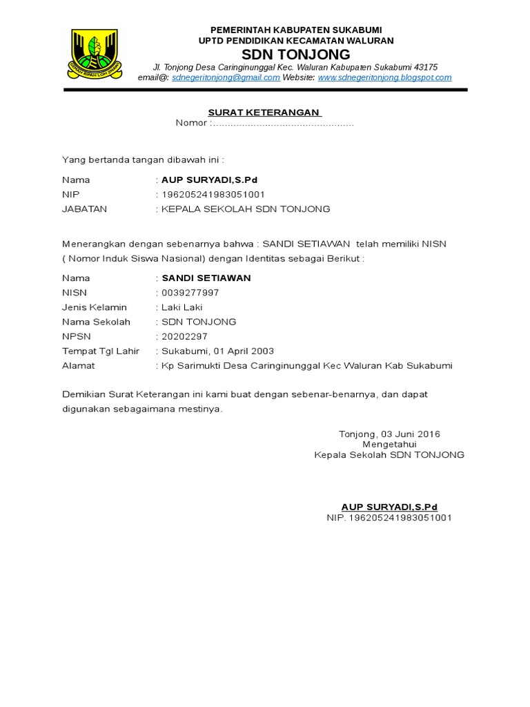 Contoh Surat Validasi Nisn