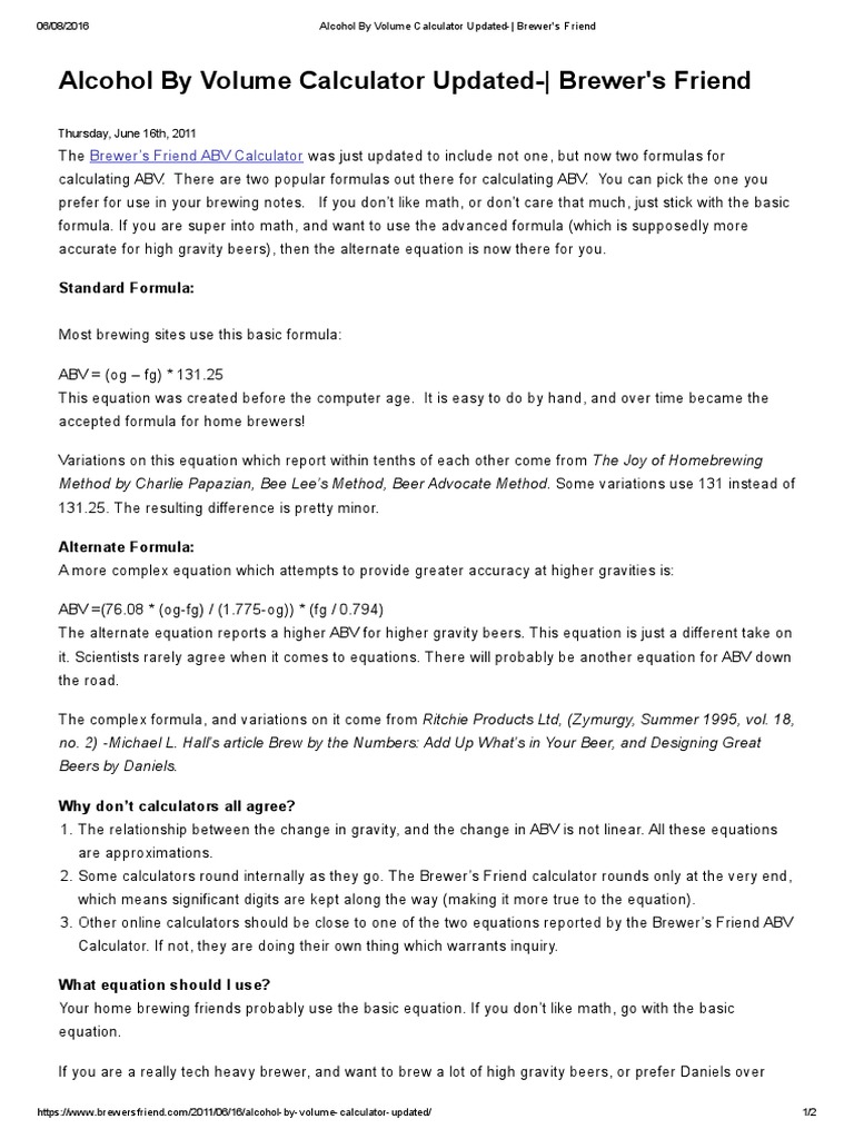 Alcohol by Volume Calculator Updated Brewer's Friend PDF Beer