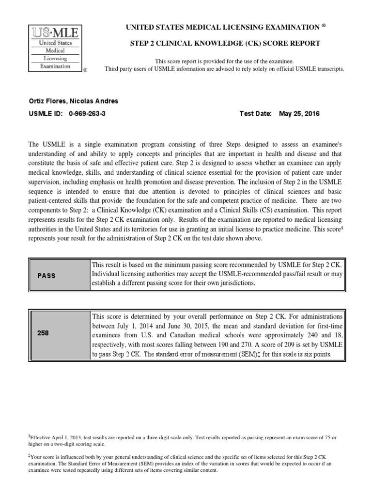 Step 2 CK Score Report PDF United States Medical Licensing