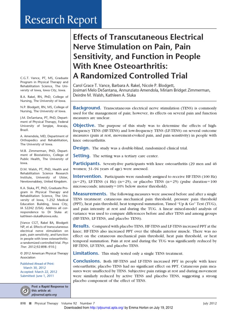 Effects of Transcutaneous Electrical Nerve Stimulation On Pain Pain Sensitivity and Function in