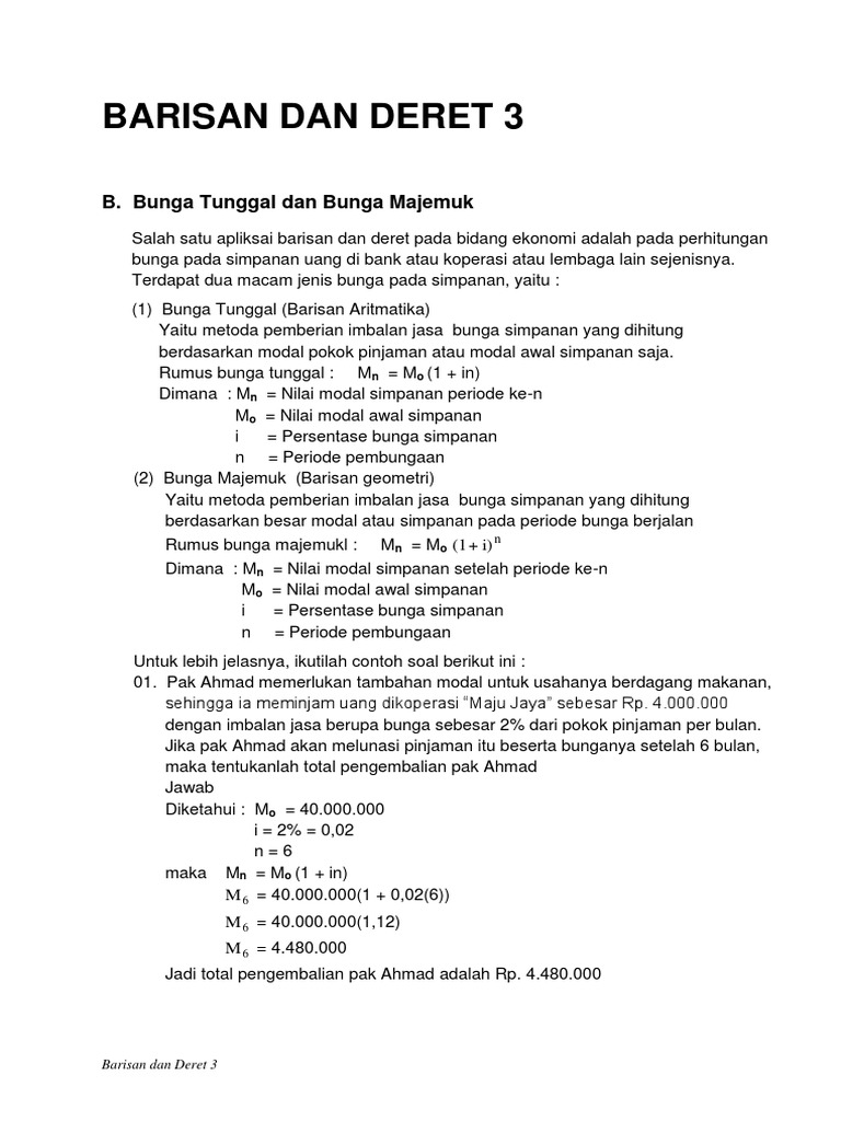 Contoh Soal Bunga Tunggal Dan Bunga Majemuk Matematika