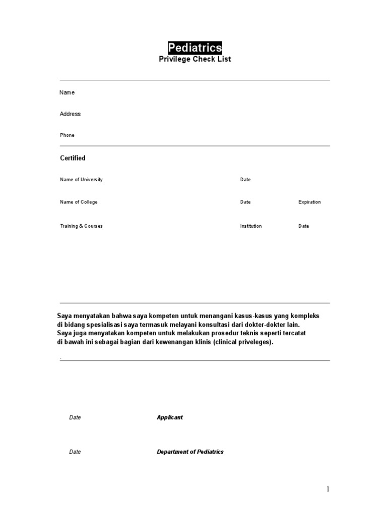 Pediatrics: Privilege Check List | PDF | Anemia | Neurology