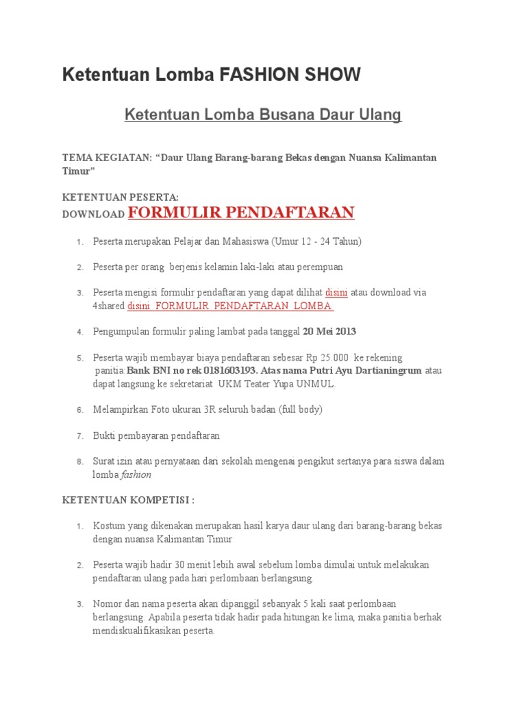 Format Penilaian Lomba Fashion Show Daur Ulang Guru Paud