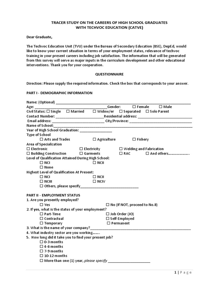 Tracer Study Questionnaire | Professional Development | Vocational ...