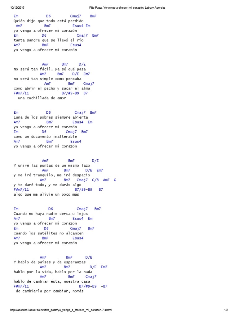 Fito Paez, Yo Vengo A Ofrecer Mi Corazón Letra y Acordes PDF