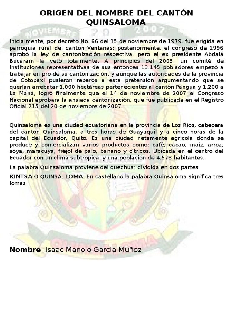 Origen Del Nombre Del Cantón Quinsaloma PDF