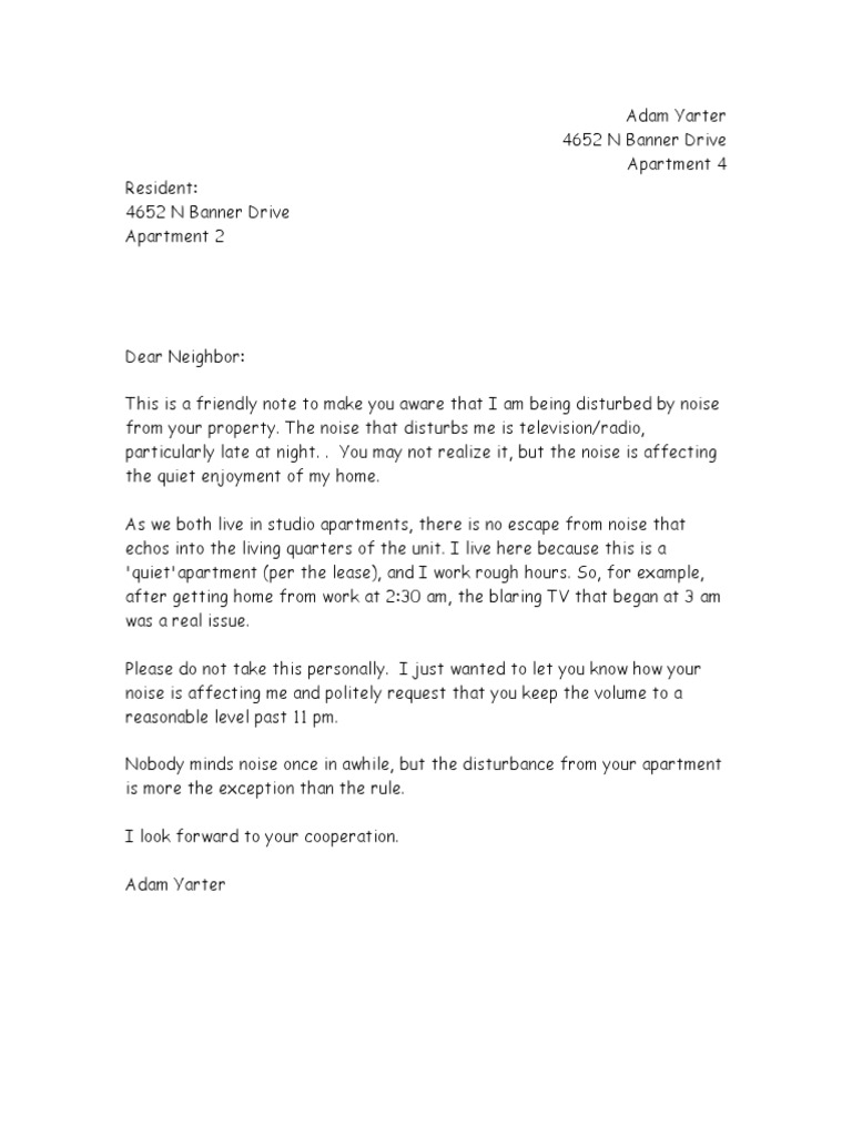 Noise Complaint Letter to Neighbor | PDF | Home & Garden | Art