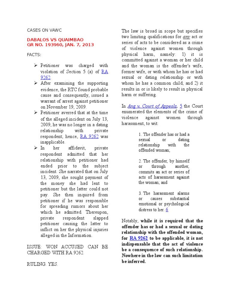 Cases on Vawc Victimology Harassment