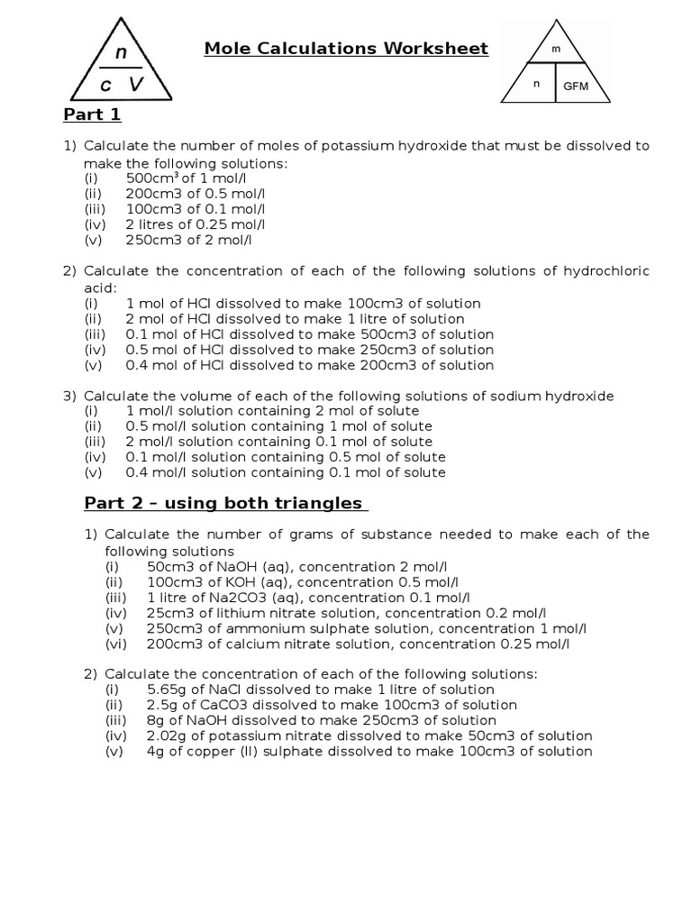 Mole Calculations Practice Worksheet | PDF