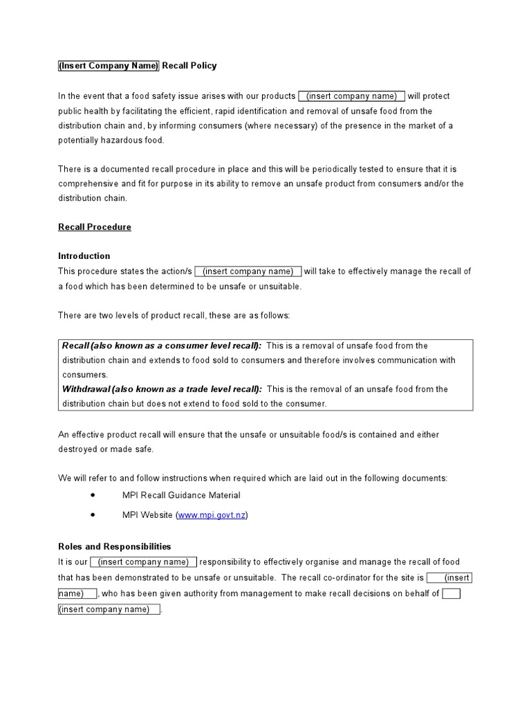 Recall template Food Safety Foods
