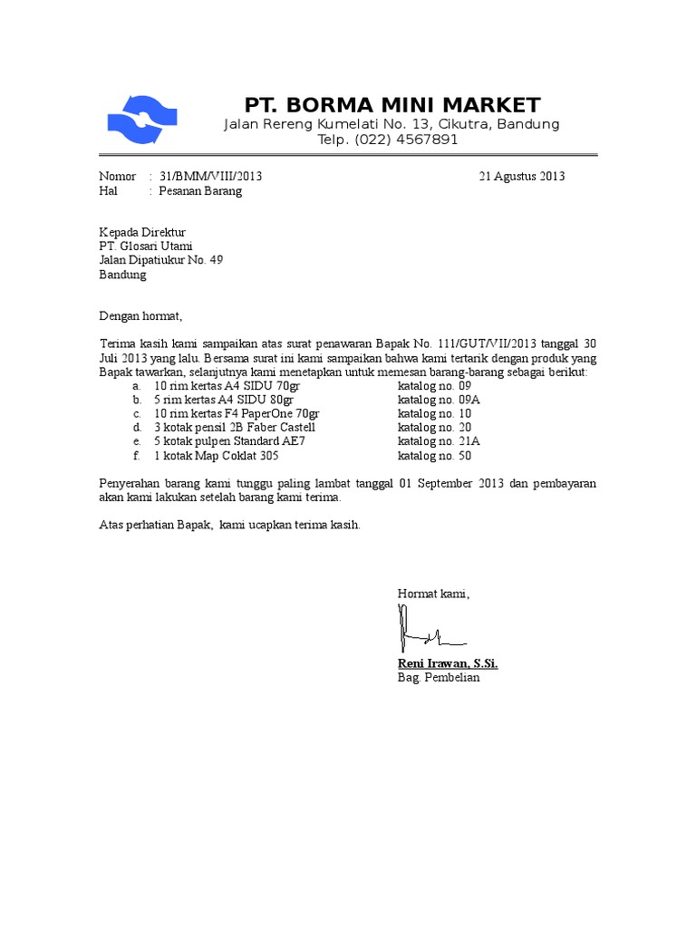 Contoh Surat Pesanan Barang Swasta Balasan Penawaran