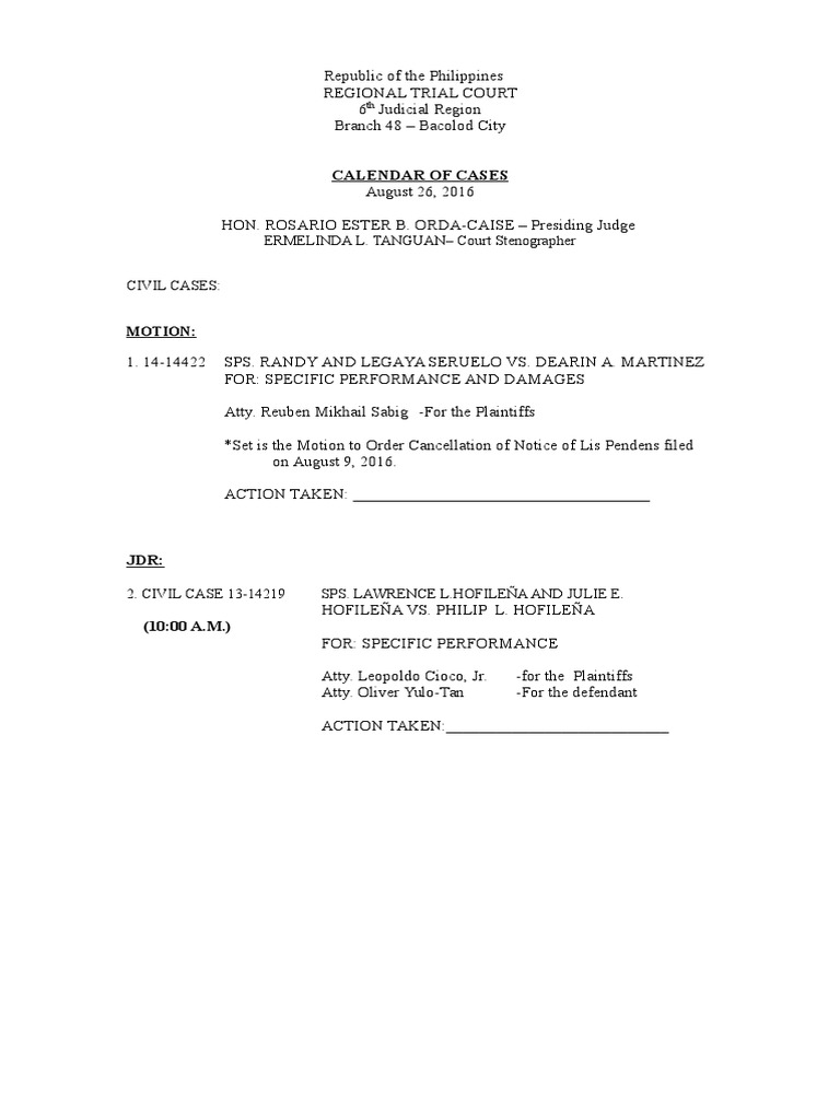 Calendar Of Cases In A Court Is Called