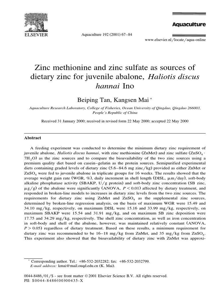 Zinc Methionine and Zinc Sulfate As Sources of Dietary Zinc For Juvenile Abalone, Haliotis