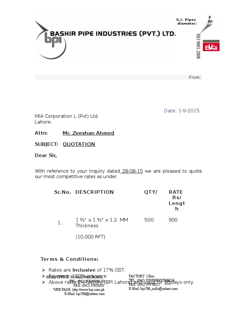 Pipe Quotation for MIA Corp | PDF | Business | Computers