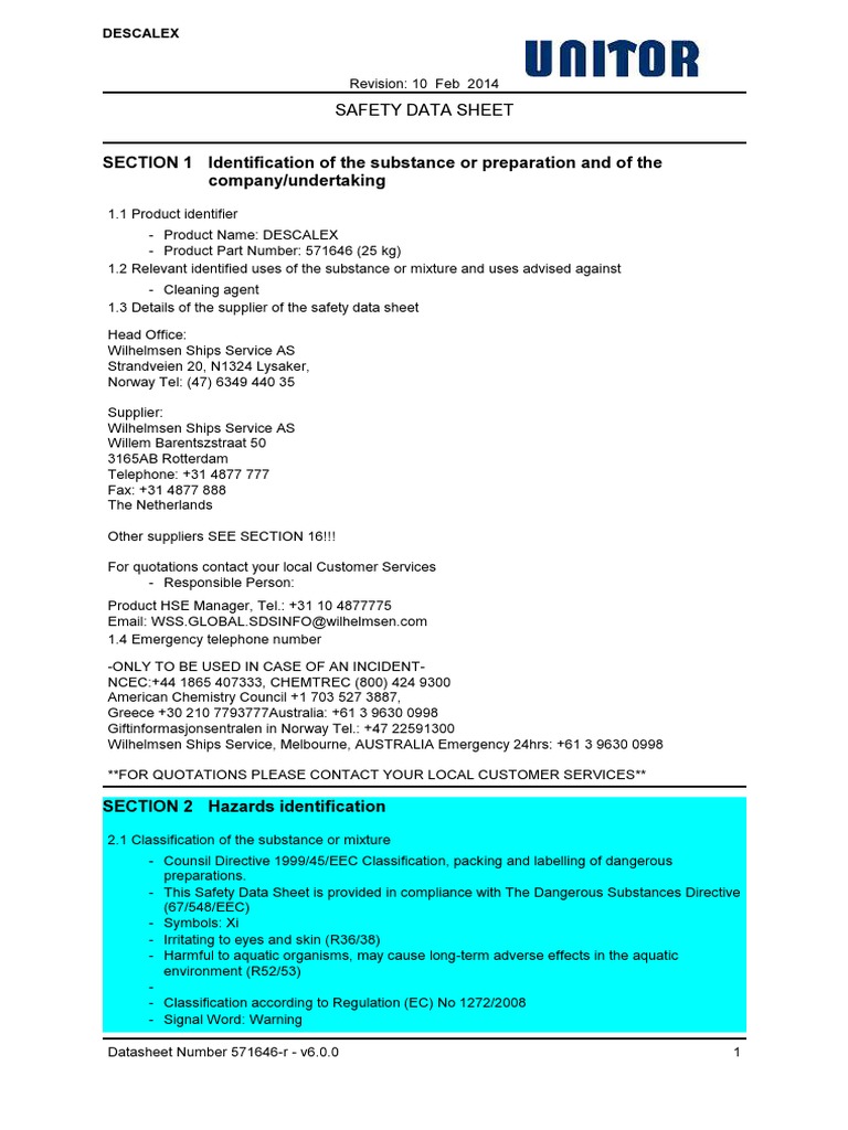 Descalex MSDS | PDF | Dangerous Goods | Personal Protective Equipment
