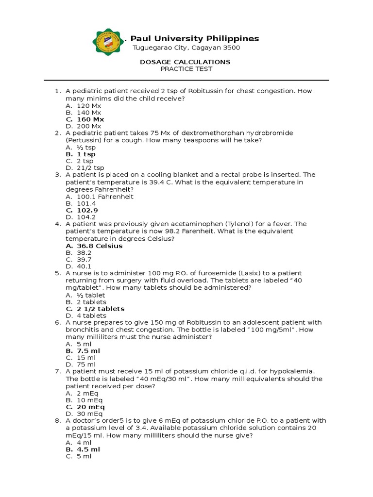 Calculations Practice Test Saline (Medicine) Intravenous Therapy