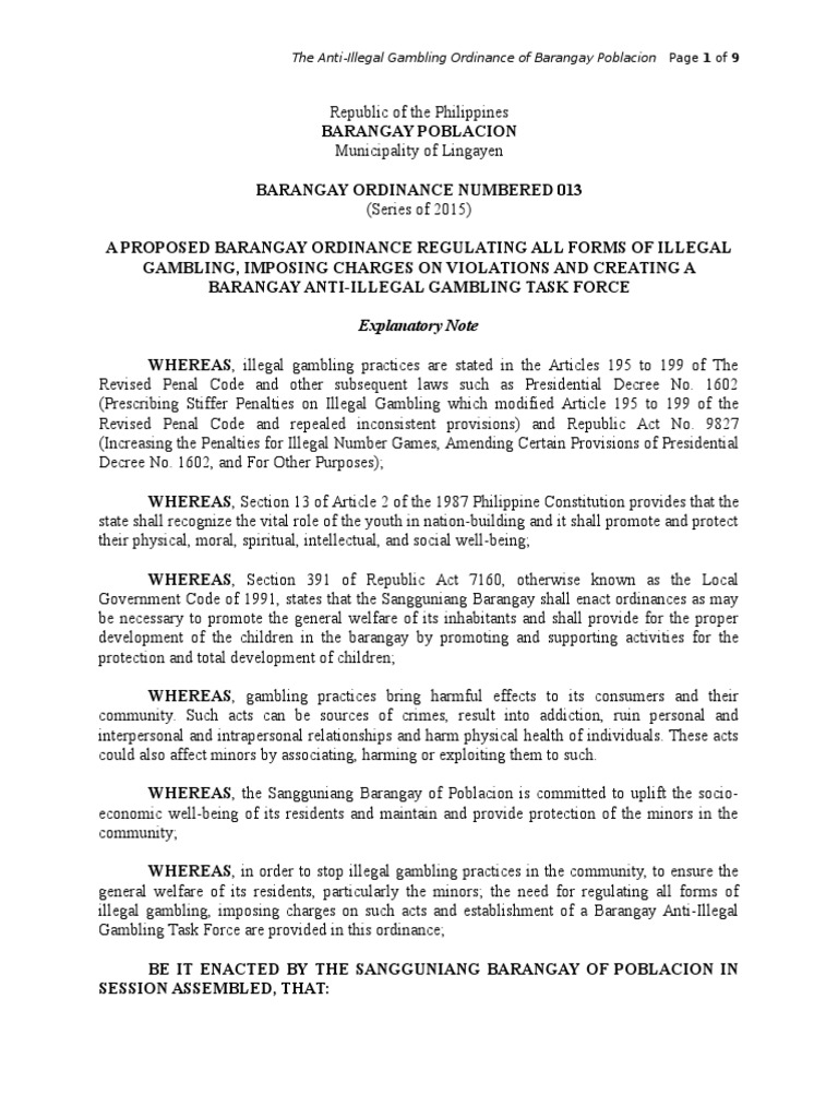 Anti Illegal Gambling Ordinance PDF Gambling Local Ordinance