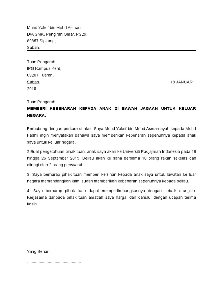 Contoh Surat Akuan Ibu Bapa Johor