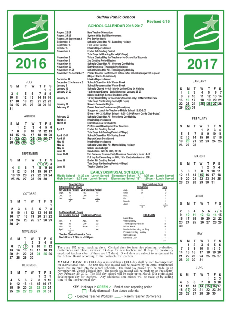 Suffolk Schools 2016-2017 Calendar | PDF | Academic Term ...