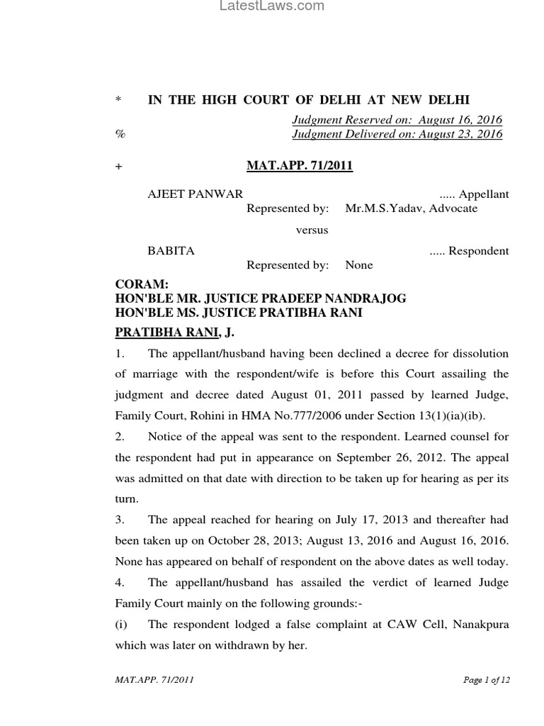 Delhi High Court Judgment On False Case by Wife As Ground of Divorce PDF Divorce Bail