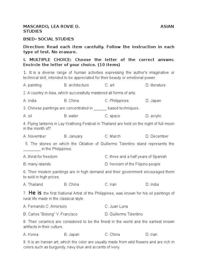 Asian Studies Assessment Guide | PDF | Philippines | Plastic Arts